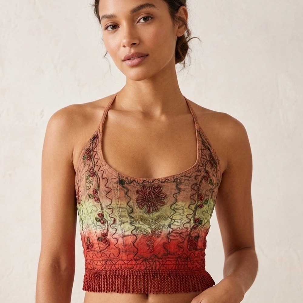 Halter Crop Top Womens Free Size Red Green Boho Embroidered Fringe Silla Reen